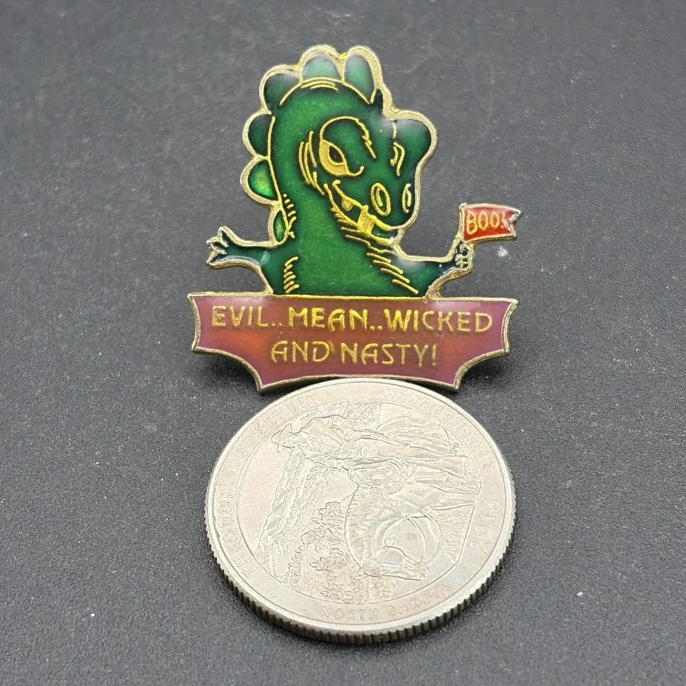 Evil Mean Wicked & Nasty Green Dragon Holding Boo! Flag‎ Lapel Hat Pin